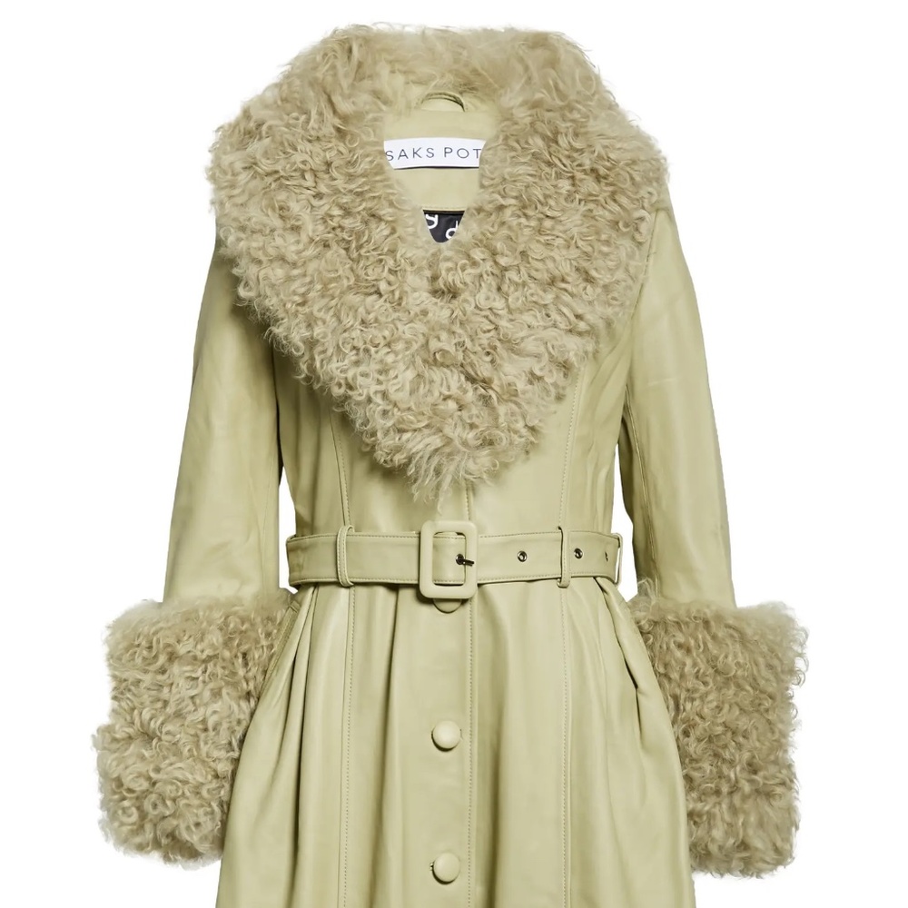 Saks Potts Pale Green Leather Coat with Curly Shearling Trim